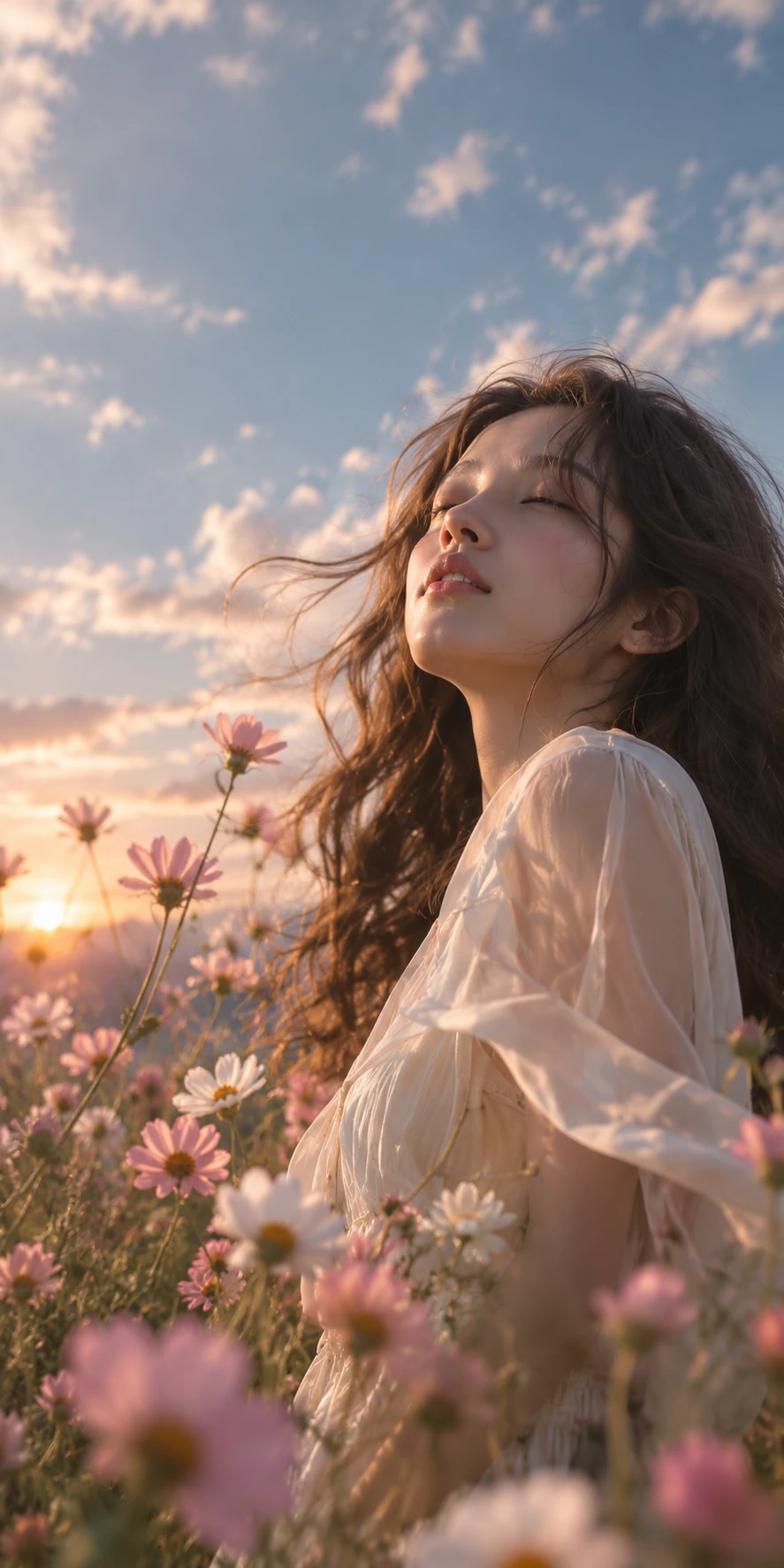 Music lives in new places: a singer in a field of flowers